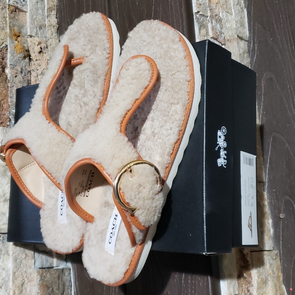 Coach Shearling Sandals, NWOT, care guide and box.